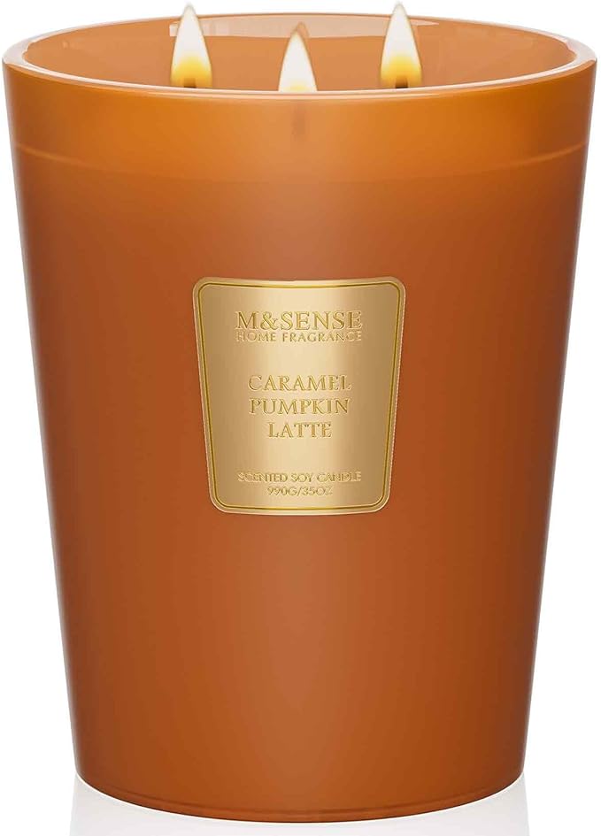 M&SENSE Caramel Pumpkin Latte Scented Soy Candle, 3-Wick 35oz 150H Slow Burn, Aromatherapy Candle for Home Fragrance, Fall Winter Halloween Thanksgiving Housewarming Gifts