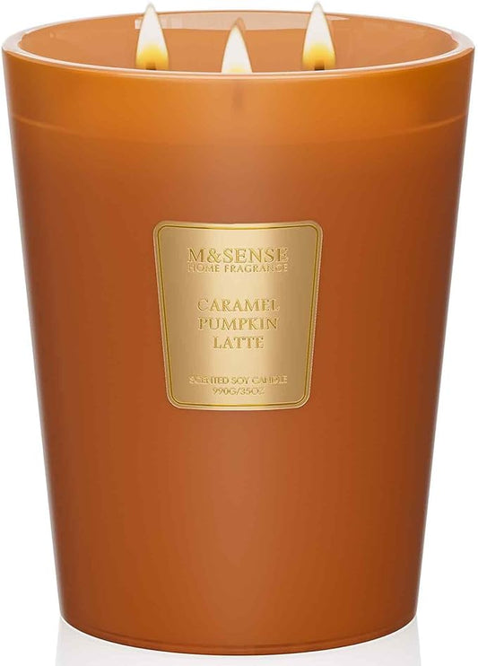 M&SENSE Caramel Pumpkin Latte Scented Soy Candle, 3-Wick 35oz 150H Slow Burn, Aromatherapy Candle for Home Fragrance, Fall Winter Halloween Thanksgiving Housewarming Gifts