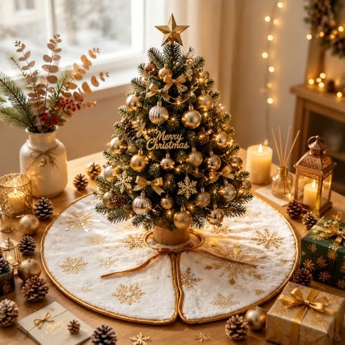 Christmas Tree Skirt White Pink Red Plush Christmas Tree Skit Jacquard Cashmere Snowflake Xmas Holiday Decoration Ornament for Merry Christmas Party Christmas Tree Decoration (Gold White, 11 INCH) - Image 4
