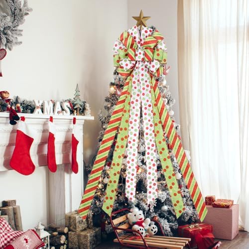 Christmas Tree Topper Wreath Bow Large Green Christmas Bow Tree Topper, 45"x13" Red Green Dot Polyester Gift Ribbon for Xmas Ornament Holiday Home Wedding Thanksgiving Indoor/Outdoor Decoration - Image 4