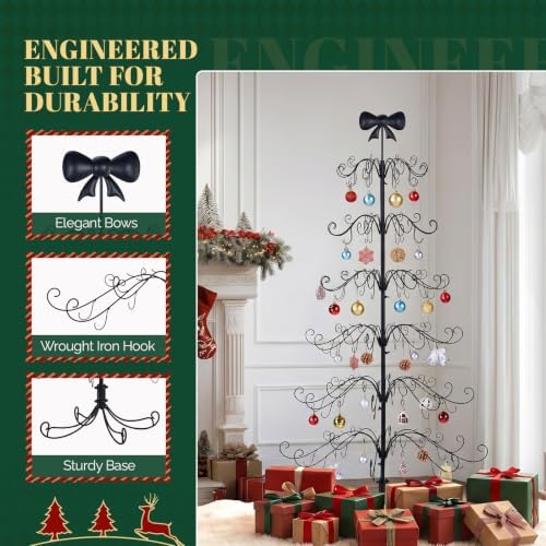 VINGLI 6ft Metal Christmas Ornament Tree Stand w/Bow Topper, 192 Branches, Decorative Iron Display Tree for Hanging Ornaments, Wrought Iron Christmas Tree Decoration for Holiday Home Decor, Black - Image 2