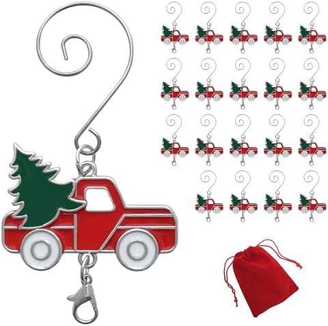 Red Truck Christmas Ornament Hooks Set of 20, 3 Inch Christmas Tree Ornament Hangers with S Hook and Lobster Claw, Enameled Red Truck with Green Tree and White Wheels, Decorative Holiday Hanging Hooks by BANBERRYDESIGNS