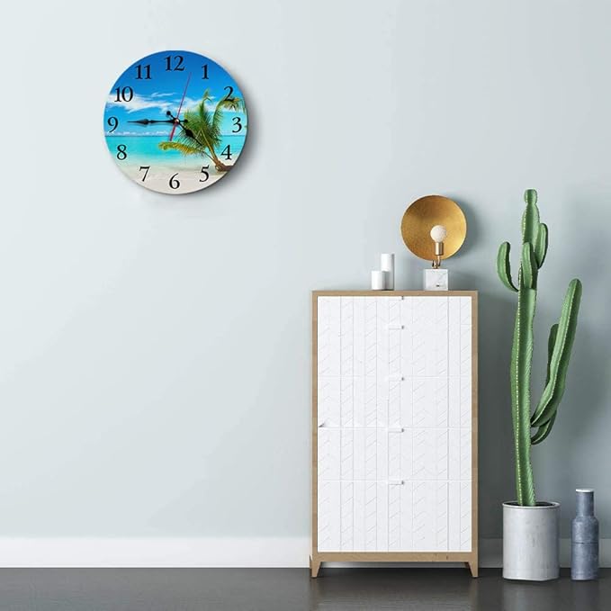 Britimes Round Wall Clock Silent Non-Ticking Battery Operated Clock 10 Inch, Turquoise Ocean Blue Beach Sand Home Decor for Living Room, Bathroom, Bedroom, Kitchen, Office and School