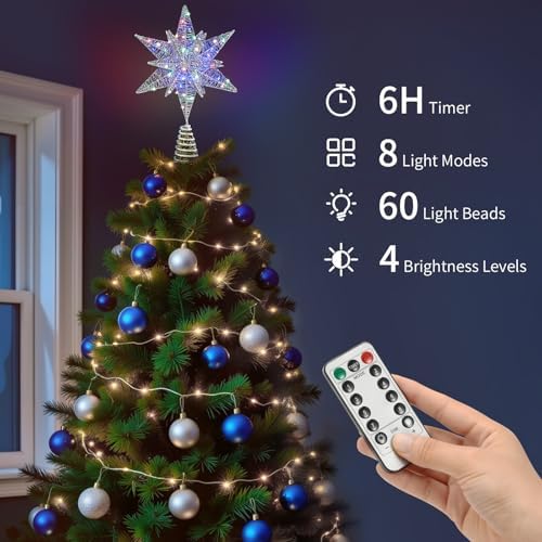 Lewondr Christmas Star Tree Topper, 14.6" Lighted Glitter 3D Star Treetop - Image 2