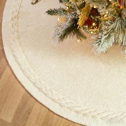 48 inches White Knitted Christmas Tree Skirt by Noiclub