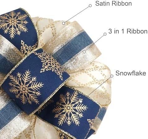 11" sq. Christmas Tree Topper Bow with 4 Tails (3 Yards Long Each) Royal Navy Blue and Gold Snowflake for X'Mas D'ecor Wreath Luxury Gift - Image 3