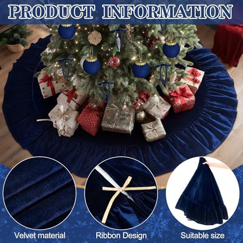 Velvet Christmas Tree Skirt, 72 Inches, Bow Style, Navy Blue - Image 5