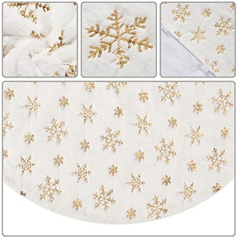 Sattiyrch Christmas Sequin Tree Skirt 36in,White Soft Thick with Golden Snowflakes Decorations for 5FT 6FT 7FT Xmas Tree - Image 6