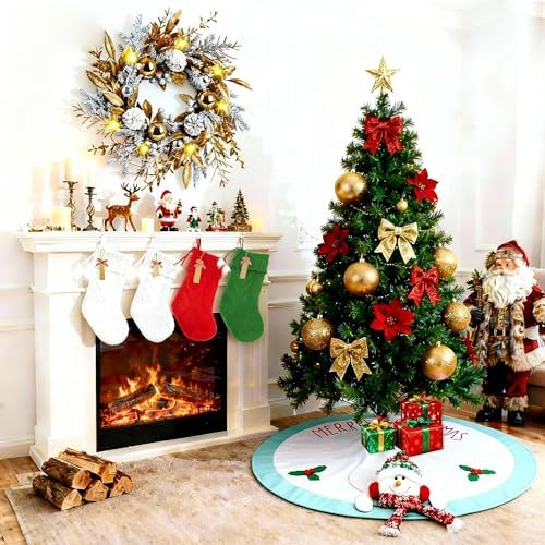 48in Christmas Tree Mat for Under Tree,Blue and White Christmas Tree Skirt for 7.5FT Tree,Rustic 3D Snowman Xmas Tree Mat Decorations Winter New Year Holiday Party Decor Indoor Outdoor - Image 5