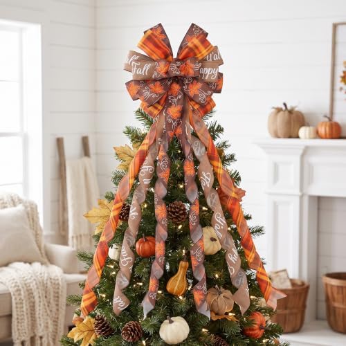 Large Fall Tree Topper Bow 52"x13", Pre-Tied Thanksgiving Ribbon for Wreath - Image 2