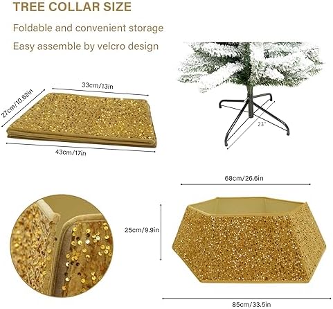 Gold Christmas Tree Collars for Atificial Trees, 33.5 Inch Sparkling Sequins Christmas Skirt, Base Cover,Holiday Home Decor Ring(Large) - Image 3