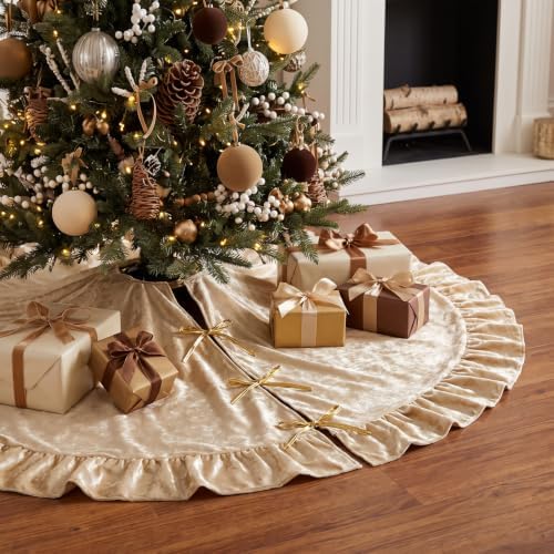Velvet Christmas Tree Skirt, 60 Inches, Bow Style, Khaki - Image 4