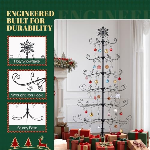 VINGLI 6ft Metal Christmas Ornament Tree Stand, Decorative Iron Display Tree w/ 192 Branches, Snowflake Topper, Ornament Display for Hanging Balls, Wrought Iron Xmas Tree Holiday Decorations, Black - Image 5