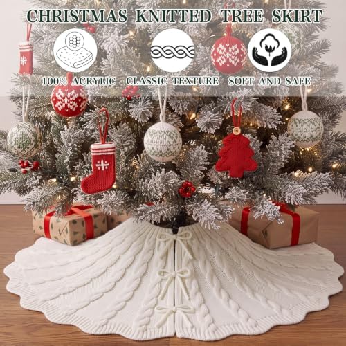 Thenshop 48 Inch Chunky Cable Knit Christmas Tree Skirt Beige - Image 3