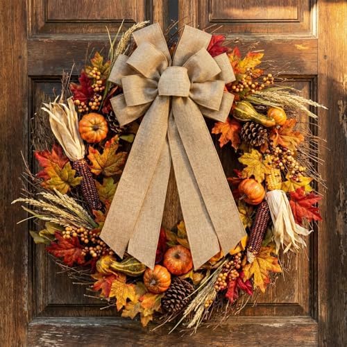 Dark Beige Large Bow for Wreath Tree Topper 11x21 Inch Linen Texture Wired Ribbon Big Bows for Front Door Rustic Farmhouse Vintage Decor Gift - Image 4