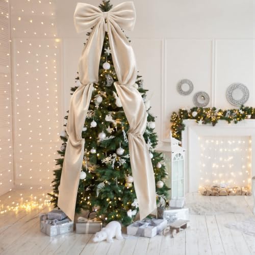Knitgrip Extra Large Velvet Christmas Tree Topper Bow, Beige, 118 Inch - Image 5