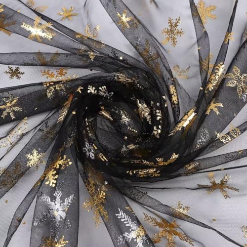 Snowflake Decorations, 59" x 119" Multi Color Foil Organza Snowflake, Winter Tablecloth, Christmas Tree Skirt (Black+Gold) by SUJAYU