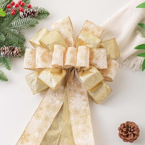 Christmas Tree Topper, 40x13 Inches Toppers Bow with Glitter Satin Mesh Streamer and Patterned Ribbon, Christmas Tree Topper Bow for Christmas Home Decoration (Gold) - Image 2