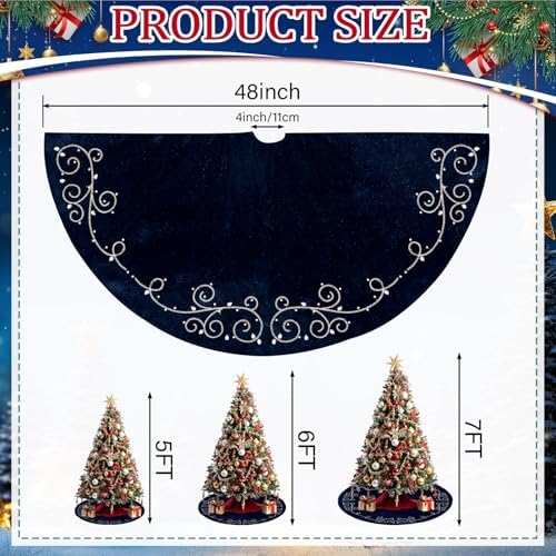 48inch Christmas Tree Skirt Navy Blue Luxury Velvet Plush Fur Skirts Baroque Tree Skirts with Gold Embroidered Pearls and Crystals Xmas Velvet Trees Skirt for Christmas Holiday Party Home Decorations - Image 2