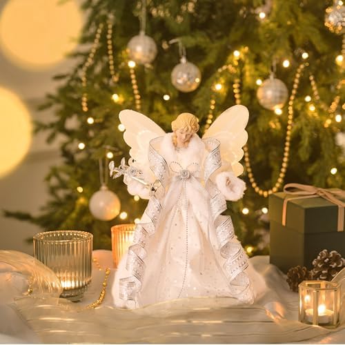 Valery Madelyn Lighted Christmas Tree Topper Angel with Timer, 12 Inch White and Silver Fabric Small Angel Tree Topper with Lights for Christmas Tree Decoration Indoor, Battery Operated - Image 5