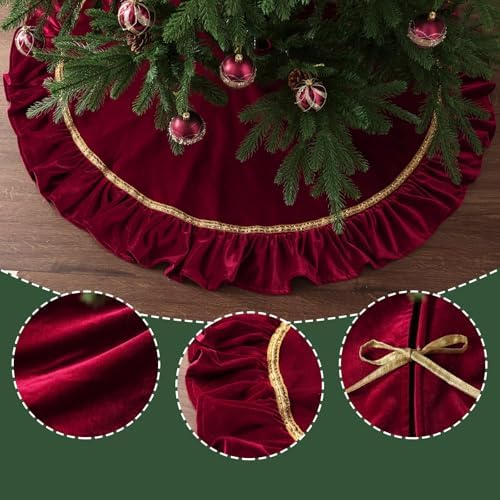 Bunny Chorus Christmas Tree Skirt: 48 Inch Large Luxury Wine Red Velvet Plush Fur Ruffled Christmas Tree Skirts with Gold Trim and Bow, Vintage Royal Decorations for Xmas Home Indoor Decor - Image 4