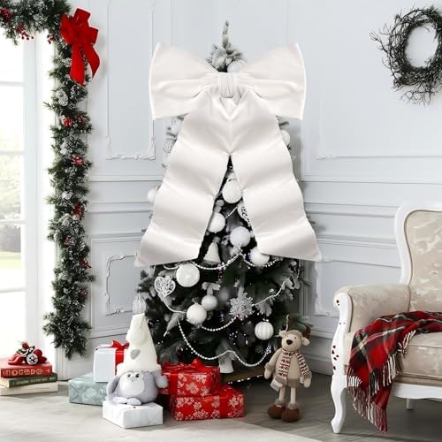 HunnmingRe 20 x 30 Inches Large White Velvet Bow Christmas Tree Topper - Image 3