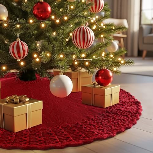 Christmas Tree Skirt 36 Inch Knitted Xmas Tree Skirt Cable Knit Tree Skirt Christmas Tree Decorations for Farmhouse Xmas Holiday Home Party(Red, 36in) - Image 4