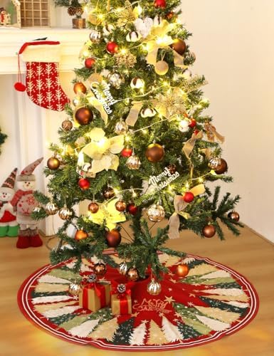 Multiwins Christmas Tree Skirt 48 Inch, Red Christmas Tree Skirt with Christmas Tree and Star Design, Thick Flannel Fabric, Xmas Tree Skirt for Holiday Decorations - Image 6