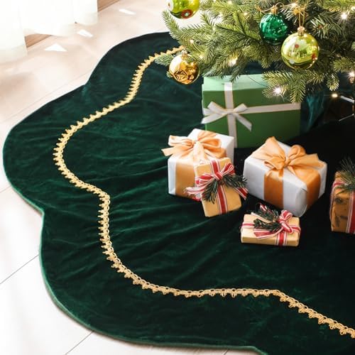 Arrowbash 72 Inch Green Christmas Tree Skirt Velvet Fur Scallop Tree Skirt Sparking Gold Lace Trim for Party Rustic Xmas Holiday Decorations All Year - Image 2