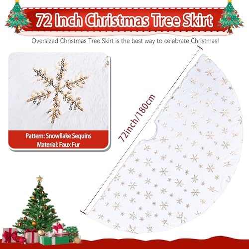 Christmas Tree Skirts 72 Inches, White Faux Fur Christmas Tree Skirt with Gold Sequin Snowflakes, Extra Large Plush Tree Skirts for Xmas Holiday Party Decorations. - Image 2