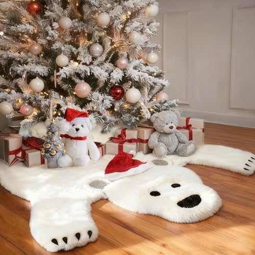 48Inch White Faux Fur Polar Bear Christmas Tree Skirt for Xmas Home Decor by AerWo