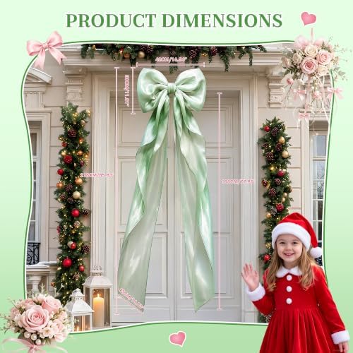Big Satin Bow Coquette Room Decor, 16x79 Inch Large Christmas Bows for Birthday Decorations, Christmas Tree Topper, Girl Room Decor, Bachelorette, Wedding, Baby Shower, Front Door, Wreath (Green) - Image 2
