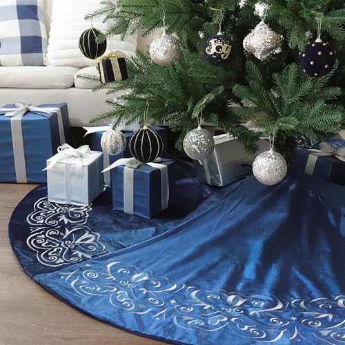 Bunny Chorus Christmas Tree Skirt, 72 inch Large Velvet Fur Plush Blue Tree Skirt, Xmas Tree Skirts with Silver Embroidered Wave Pattern for Merry Christmas Party Christmas Tree Decorations - Image 6