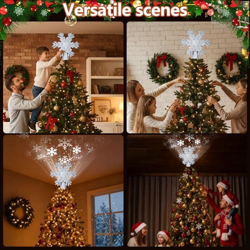 Christmas Tree Topper Lighted with LED Rotating Silver Snowflake Projector, 3D Hollow Glitter Lighted Snow Tree Topper for Xmas New Year Party Holiday Christmas Decorations - Image 6