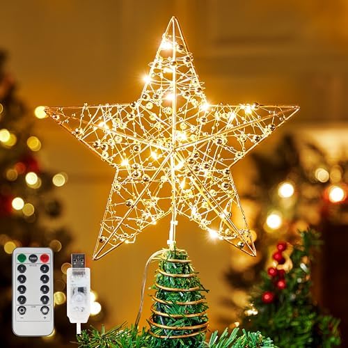 JOIEDOMI 9.5inch Metal Beaded Christmas Star Tree Topper, 20LED Warm White Lights Golden Tree Topper, USB Powered Remote Control for Christmas Tree Decorations Home Holiday Party Indoor Decor by Joiedomi
