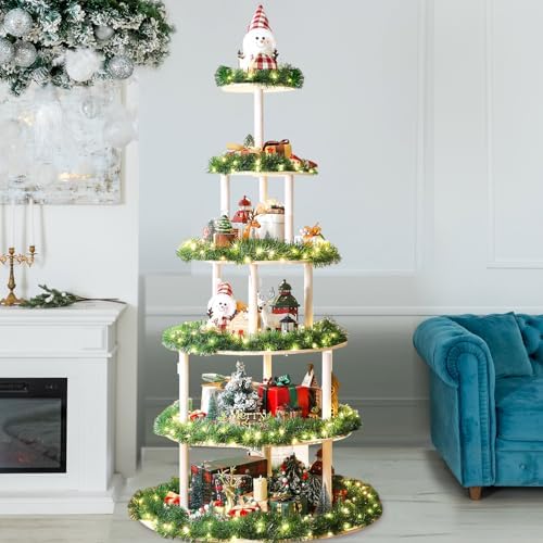 Barydat Christmas Tree Village Christmas Bookshelf Display Supplies Ornament Display Tree Stand Wooden Holder for Holiday Display(6 Tier 71 Inches) - Image 6