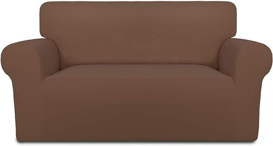 PureFit Super Stretch Sofa Slipcover – Spandex Non Slip Soft Couch Sofa Cover, Washable Furniture Protector with Non Skid Foam and Elastic Bottom for Kids, Pets （Loveseat, Brown）