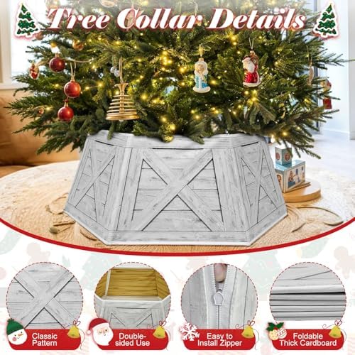 OurWarm Christmas Tree Collar Hexagon Christmas Tree Ring, 28" Fabric Collapsible Trees Skirt, Rustic Double-Sided Christmas Trees Box Base for Home Festive Xmas Decorations - Image 3