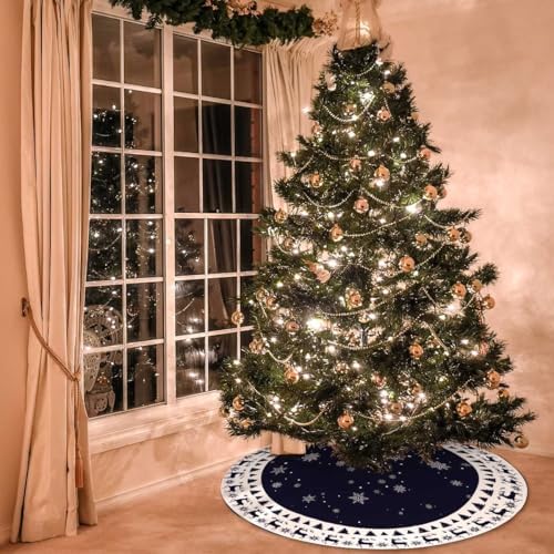 Christmas Tree Skirt 36inch Elk Snowflakes Navy Blue Xmas Decor - Image 5