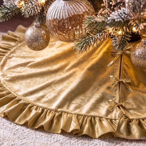 Velvet Christmas Tree Skirt, 60 Inches, Bow Style, Gold - Image 4