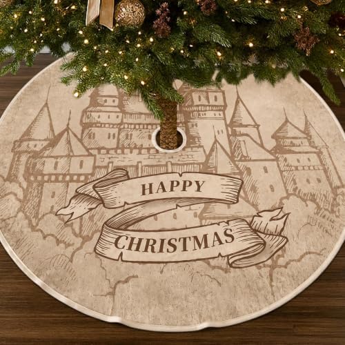 48" Christmas Tree Skirt, Castle Style Xmas Wizard Party Decor by Motionchic