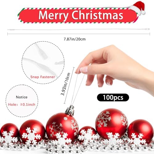 Christmas Ornament Hangers String, 100 Pcs PreCut Ornament Hook for Christmas Trees, Ornament String White, Safe Ornament Ribbon Hangers for Xmas Holiday Party Hanging Decorations with Snap Fastener - Image 2