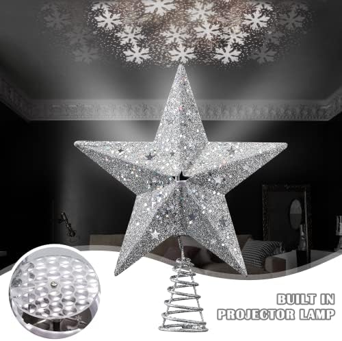 IPOW LED Snowflake Projector Star Christmas Tree Topper, 11.3 Inch Silver Glittered Star Treetop Lighted Rotating Snow Flake for Christmas New Year Holiday Decoration, Night Light Projector for Kids - Image 2