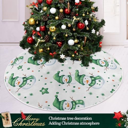 Green Snowman Christmas Tree Skirt Large Xmas Tree Skirts Decorations 48 in Burlap Tree Mat Cover for 4 ft Trees Holiday Party - Image 2