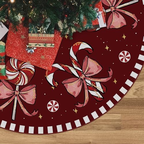 Christmas Tree Skirt Burgundy Tree Skirts Candy Cane Decorations Xmas Tree Skirt Tree Mat 48 Inch Winter Christmas Decor for Home by QIONGMENG