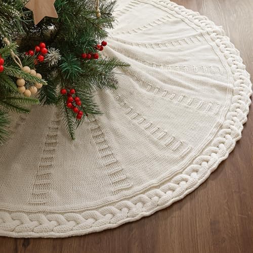 48 Inch Christmas Tree Skirt: Braided Cable Knit Tree Skirt for 7.5FT Tree, Cream White Tree Skirt, Vintage Tree Skirts, Rustic Farmhouse Christmas Decorations by LimBridge