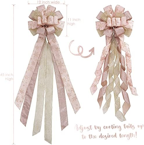 MEEDEE Rose Gold Christmas Tree Topper Rose Gold Glitter Christmas Bows 12" Wide Snowflake Ribbon Bow Rose Gold Christmas Bows Rose Gold Christmas Topper Rose Gold Bows for Christmas Tree (1 Pack) - Image 4