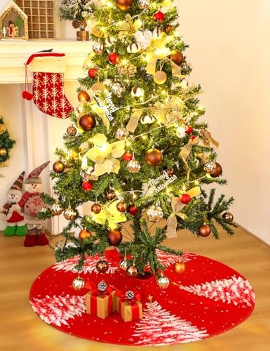 Multiwins Christmas Tree Skirt 48 Inch, Red Christmas Tree Skirt with Christmas Tree Design, Thick Flannel Fabric, Rustic Farmhouse Xmas Tree Skirt for Holiday Decorations, Indoor Christmas Party - Image 6