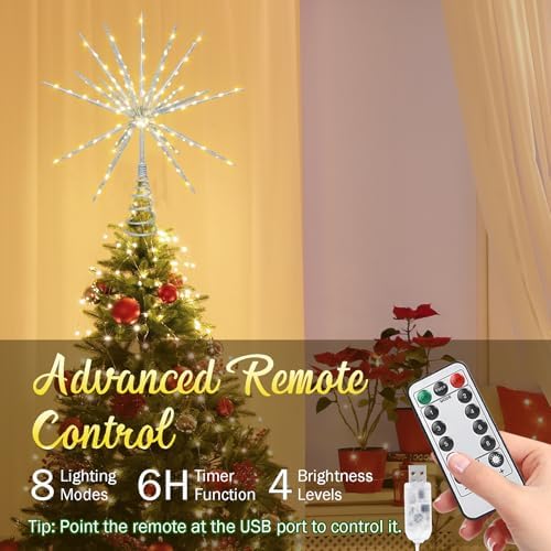 15-Inch Starburst Christmas Tree Topper with 150 LEDs & Remote, Silver - Image 3