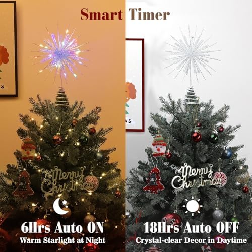 Lewondr Crystal Christmas Snowflake Tree Topper, Colorful Lights, White - Image 4